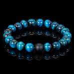 Aqua Tiger Eye + Matte Onyx Bead Stretch Bracelet // Blue + Black // 10mm