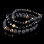 Polished Natural Stone + Lava + Wood + Gold Hematite Bead Stretch Bracelets // Set of 3