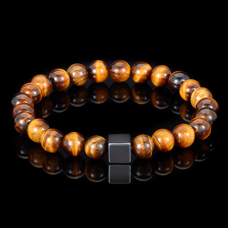 Hematite Cube + Tiger Eye Beads Stretch Bracelet // Brown + Gray // 8mm