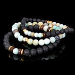 Amazonite + Lava + Wood + Gold Hematite Bead Stretch Bracelets // Set of 3 // Green + Black
