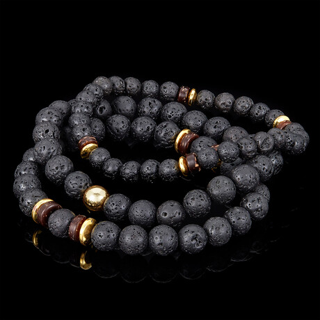 Lava + Wood + Gold Hematite Bead Stretch Bracelets // Set of 3
