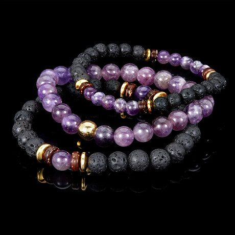 Polished Natural Stone + Lava + Wood + Gold Hematite Bead Stretch Bracelets // Set of 3 (Onyx)