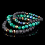 Azurite Chrysocolla + Lava + Wood + Gold Hematite Bead Stretch Bracelets // Set of 3 // Green + Black