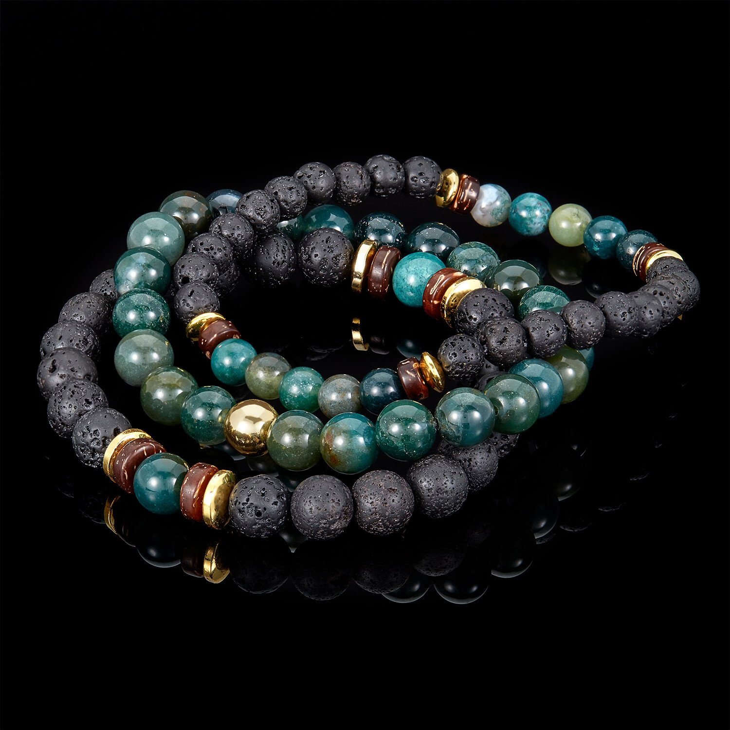 Agate + Lava + Wood + Gold Hematite Bead Stretch Bracelets // Set of 3 ...