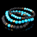 Marbled Imperial Jasper Natural Stone + Lava + Wood + Gold Hematite Bead Stretch Bracelets // Set of 3 (Turquoise)