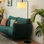 Black Metal Arched Floor Lamp + Fabric Shade