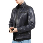 Achille Leather Coat // Navy Blue (3XL)