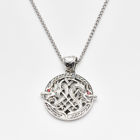 Men's Bali Carved Dragon Viking Pendant + Red Sapphire Accents + Rhodium Plated Wheat Chain // Silver