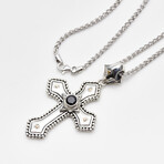Men's Bali Accented Cross Pendant + Rhodium Plated Wheat Chain // Silver + 18K Gold + Black Spinel