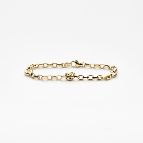 Solid 10K Gold Puff Mariner + Anchor Chain Bracelet // 8.5mm // Yellow Gold // 8"