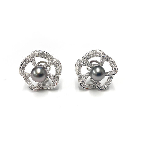 Estate // Platinum Diamond Tahitian Pearl Earrings // Pre-Owned