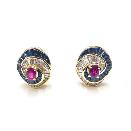 Estate // 18k Yellow Gold Diamond + Ruby + Sapphire Earrings // Pre-Owned