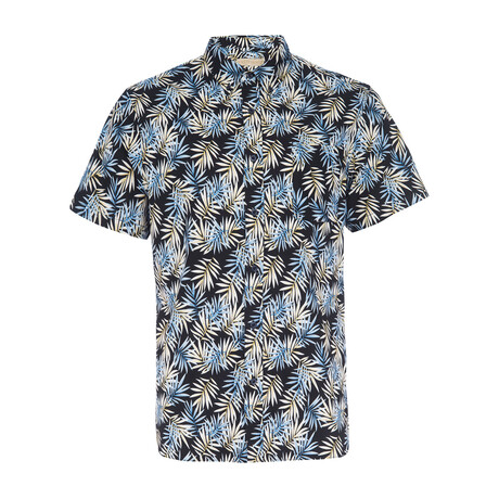 Truman Short Sleeve Button Down Shirt // Black + Tropical Leaf Print (XS)
