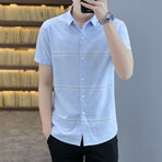 Carapaz Short Sleeve Button Up Shirt // Light Blue + White Stripes (L)