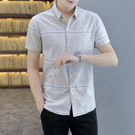 Carapaz Short Sleeve Button Up Shirt // Khaki + White Stripes (L)