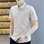 Steimle Short Sleeve Button Up Shirt // Khaki + Black Print (2XL)