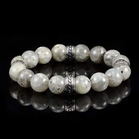 Labradorite Stone Stretch Bracelet + Stainless Steel Tribal Accent Beads // 12mm