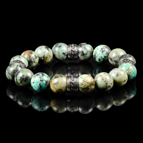 African Turquoise Stone Stretch Bracelet + Stainless Steel Tribal Accent Beads // 12mm