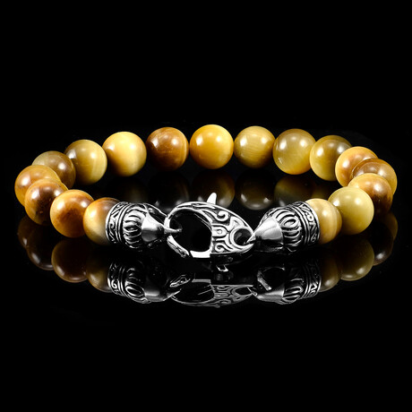Tiger Eye Stone Bracelet + Stainless Steel Lobster Clasp // 10mm // Gold + Silver