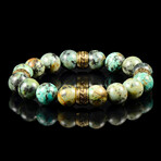 African Turquoise Stone + Gold Plated Stainless Steel Tribal Accent Beads Stretch Bracelet // 12mm