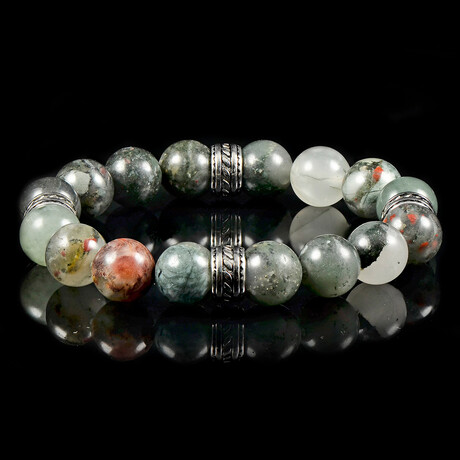 Bloodstone Stone Stretch Bracelet + Stainless Steel Tribal Accent Beads // 12mm