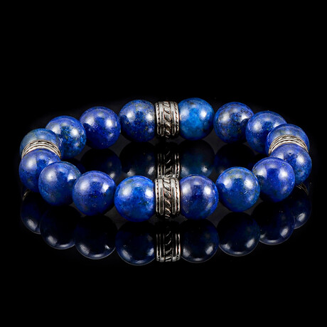 Lapis Lazuli Stone Stretch Bracelet + Stainless Steel Tribal Accent Beads // 12mm