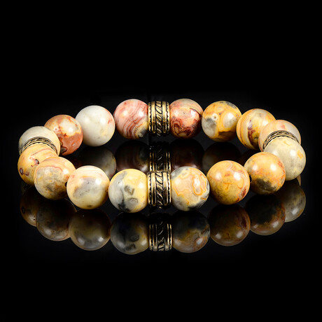 Crazy Lace Agate Stone Stretch Bracelet + Gold Plated Stainless Steel Tribal Accent Beads // 12mm