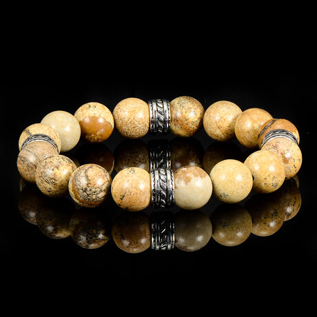 Picture Jasper Stone Stretch Bracelet + Stainless Steel Tribal Accent Beads // 12mm