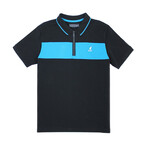 Pique Polo + Zippered Placket // Black + Blue (XL)