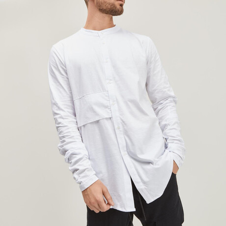 Layered Linen Grandad Collar Shirt // White (2XL)