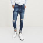 Neon Cuff Distressed Skinny Jeans // Navy (29WX30L)