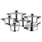 Essentials Gourmet // 12-Piece // Stainless Steel Cookware Set // Black Handles