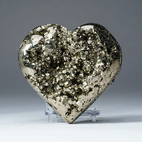 Genuine Polished Pyrite Heart + Acrylic Display Stand // V4