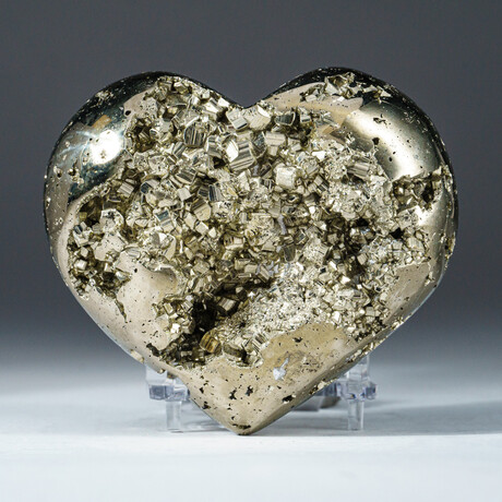 Genuine Polished Pyrite Heart + Acrylic Display Stand // V3
