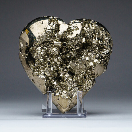 Genuine Polished Pyrite Heart + Acrylic Display Stand // V6