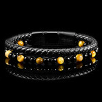 Tiger's Eye Stone + Onyx Stone + Leather Bracelet // 12mm
