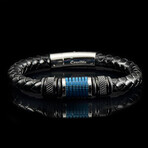 Black and Blue Plated Stainless Steel Beads Leather Bracelet // 8.25"