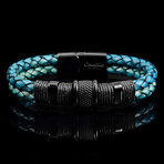 Black Plated Stainless Steel Accents Distressed Light Blue Leather Bracelet // 12mm