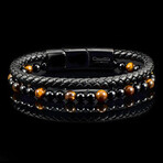 Tiger's Eye Stone + Onyx Stone + Black Leather Bracelet // 12mm