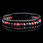 Red and Blue Imperial Jasper + Black Leather and Stainless Steel Bracelet // 8.25"