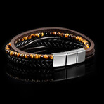 Tiger's Eye + Black and Brown Leather and Stainless Steel Bracelet // 8.25"
