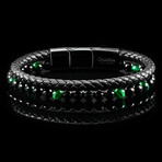 Green Tiger Eye + Onyx + Black Leather and Stainless Steel Bracelet // 12mm