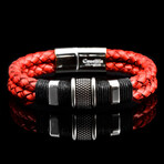 Polished Stainless Steel Accents Distressed Leather Bracelet // Red