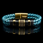 Stainless Steel Accents + Nylon Cord Distressed Turquoise Leather Bracelet // Blue + Gold + Black