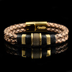 Stainless Steel Accents + Nylon Cord Distressed Leather Bracelet // Brown + Gold + Black