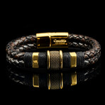 Stainless Steel Accents + Nylon Cord Leather Bracelet // Brown + Gold + Black
