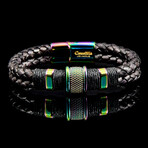 Stainless Steel Accents + Nylon Cord Leather Bracelet // Black + Iridescent // 12mm