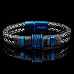 Blue Plated Stainless Steel Accents Distressed Black Leather Bracelet // 8.5"