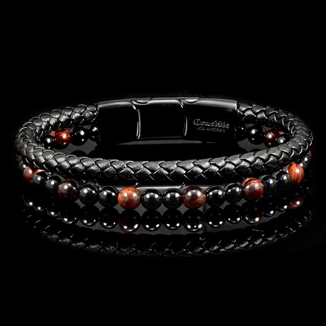 Tiger's Eye Stone + Onyx Stone + Black Leather Bracelet // Red