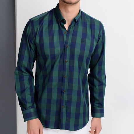 Checkered Button Up // Green + Navy Blue (S)